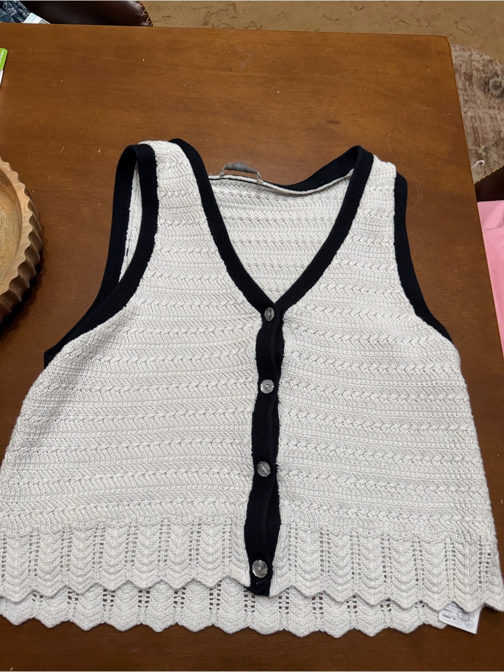 Abercrombie & Fitch Cream Knit Button Vest with Black Trim